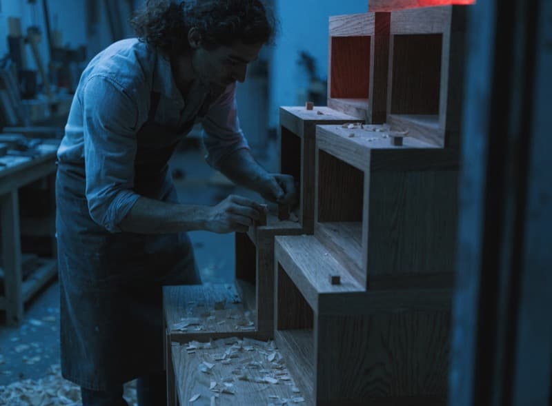 Arredo su misura in legno in fase di assemblaggio in falegnameria